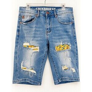 Grindhouse Denim Men’s Blue Distressed Denim Shorts Light Wash 5-Pocket Zip